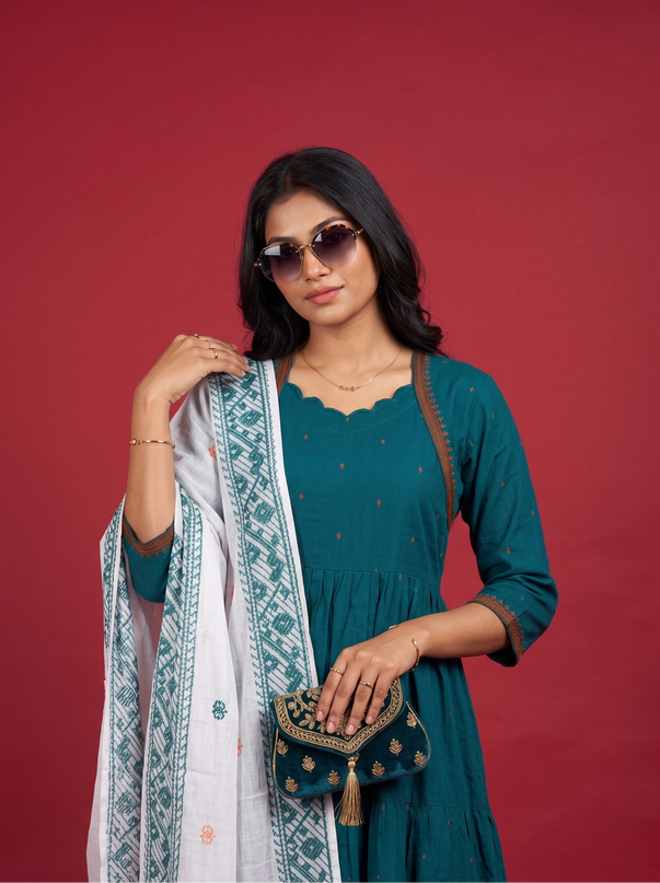 Designer Anarkali 2PC Set with Dupatta in Teal Blue | Elegant Tiered Frock Design