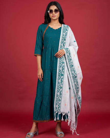 Designer Anarkali 2PC Set with Dupatta in Teal Blue | Elegant Tiered Frock Design