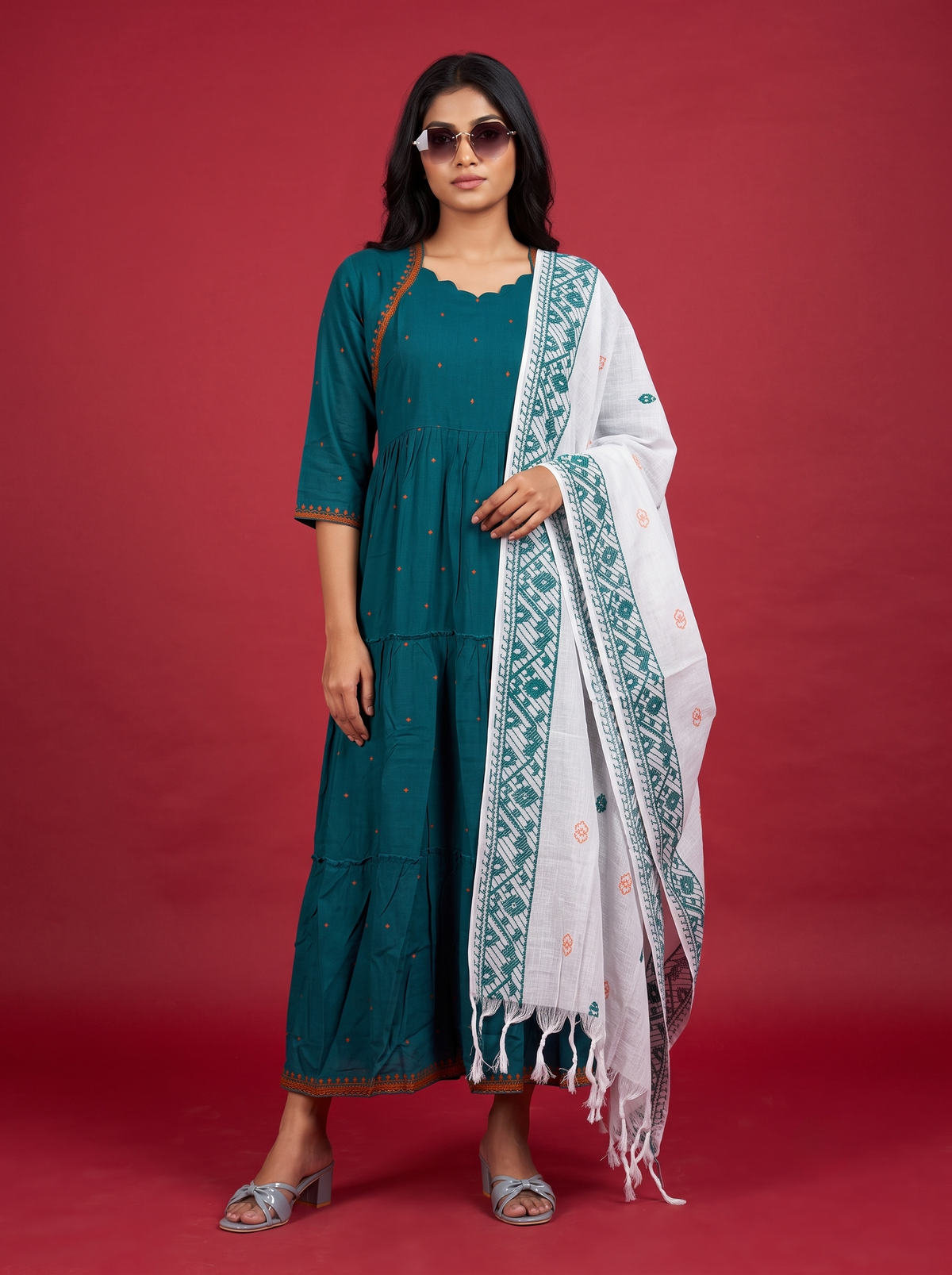 Designer Anarkali 2PC Set with Dupatta in Teal Blue | Elegant Tiered Frock Design