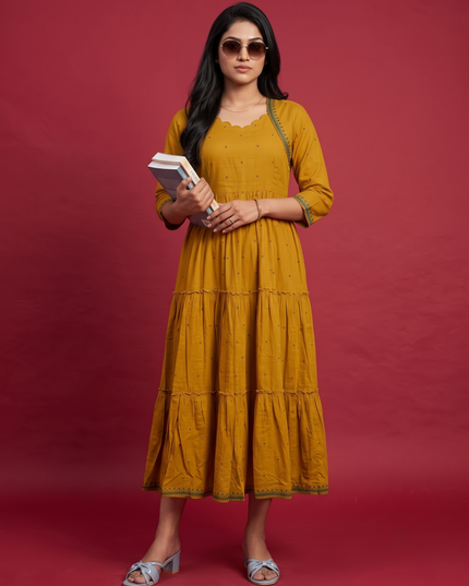 Designer Anarkali 2PC Set with Dupatta in Pesara Green | Elegant Tiered Frock Design