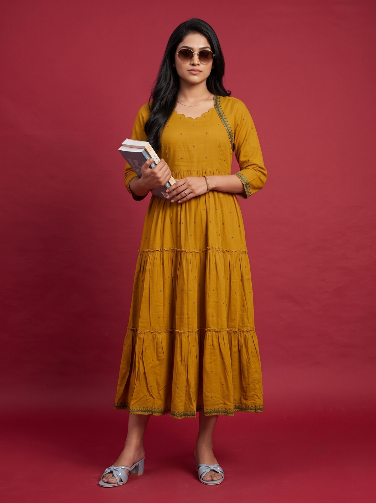 Designer Anarkali 2PC Set with Dupatta in Pesara Green | Elegant Tiered Frock Design
