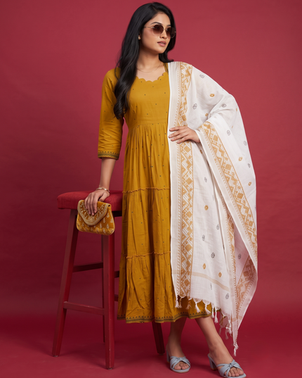 Designer Anarkali 2PC Set with Dupatta in Pesara Green | Elegant Tiered Frock Design