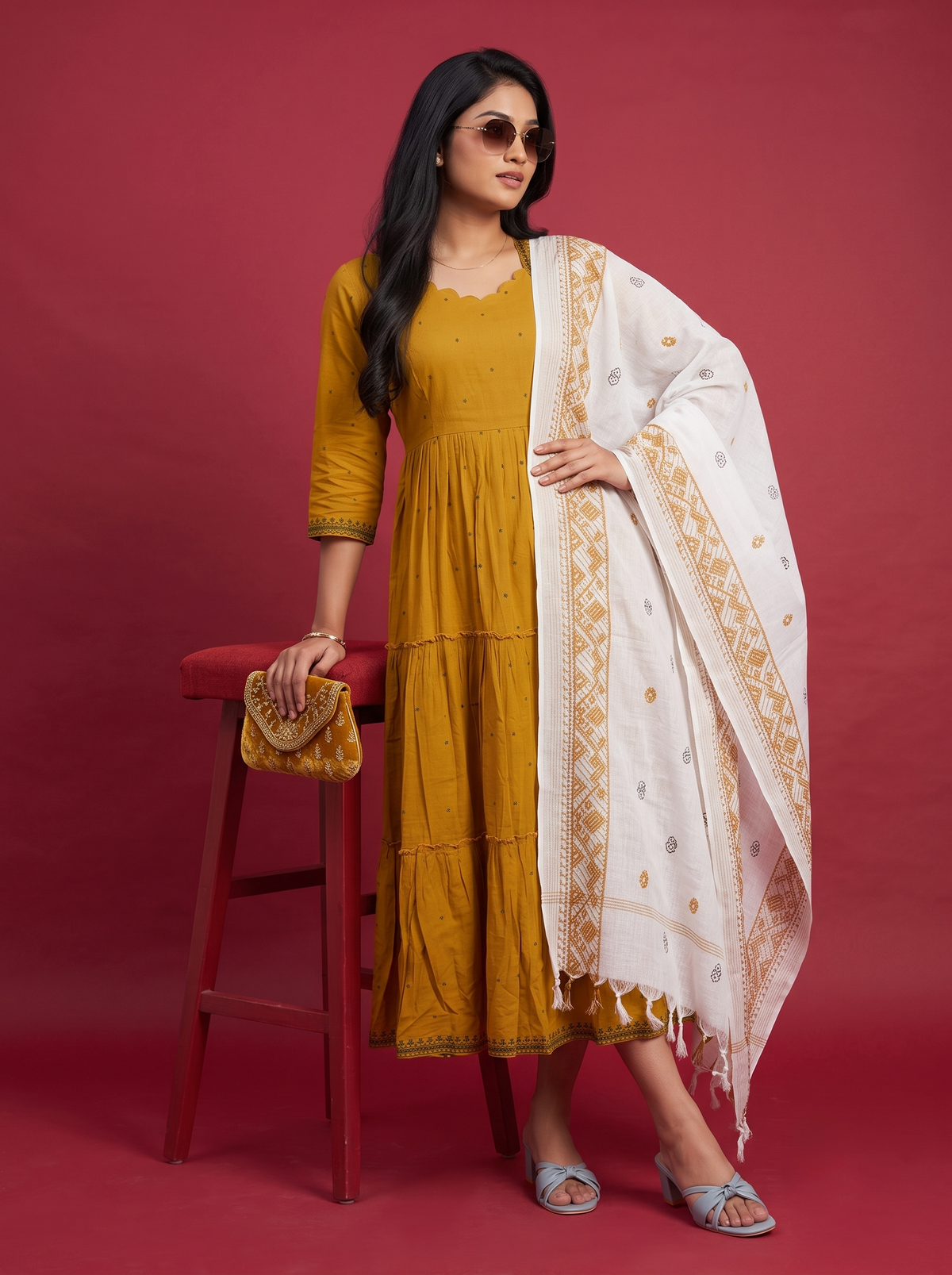 Designer Anarkali 2PC Set with Dupatta in Pesara Green | Elegant Tiered Frock Design