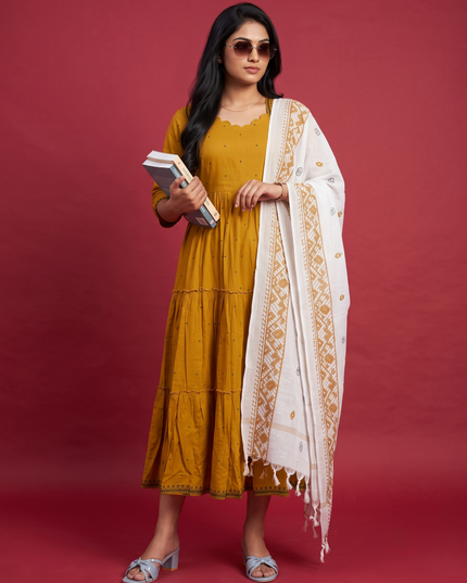 Designer Anarkali 2PC Set with Dupatta in Pesara Green | Elegant Tiered Frock Design