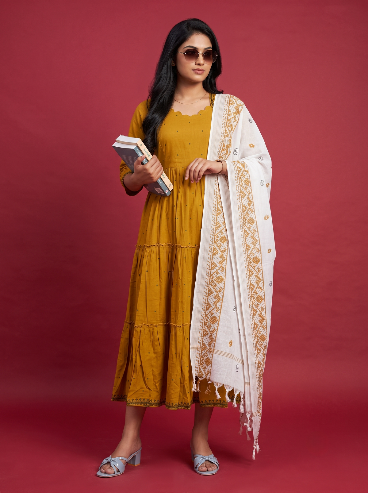Designer Anarkali 2PC Set with Dupatta in Pesara Green | Elegant Tiered Frock Design