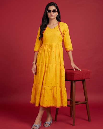 Designer Anarkali 2PC Set with Dupatta in Yellow | Elegant Tiered Frock Design
