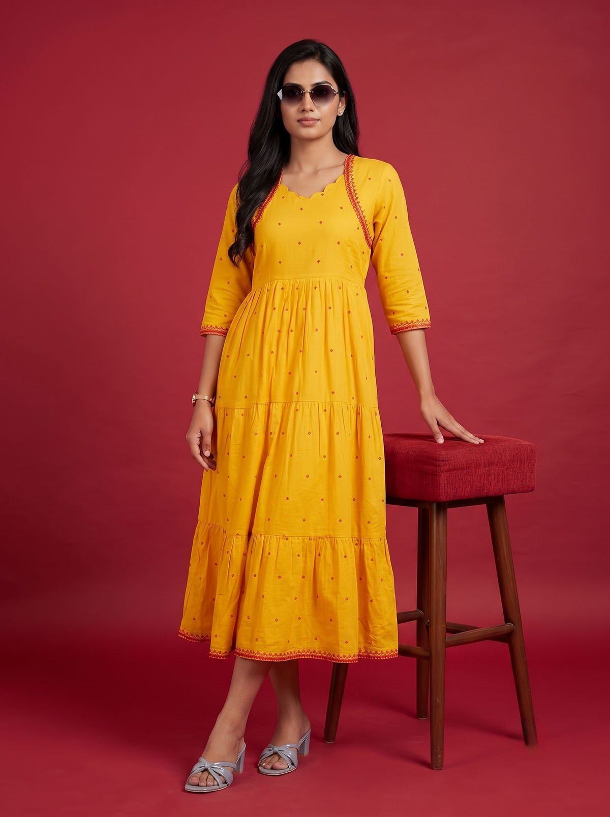 Designer Anarkali 2PC Set with Dupatta in Yellow | Elegant Tiered Frock Design