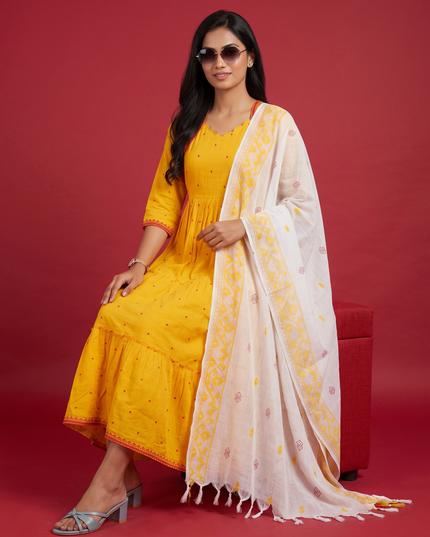 Designer Anarkali 2PC Set with Dupatta in Yellow | Elegant Tiered Frock Design