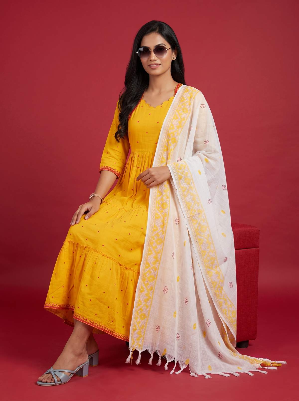 Designer Anarkali 2PC Set with Dupatta in Yellow | Elegant Tiered Frock Design
