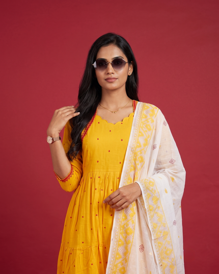 Designer Anarkali 2PC Set with Dupatta in Yellow | Elegant Tiered Frock Design