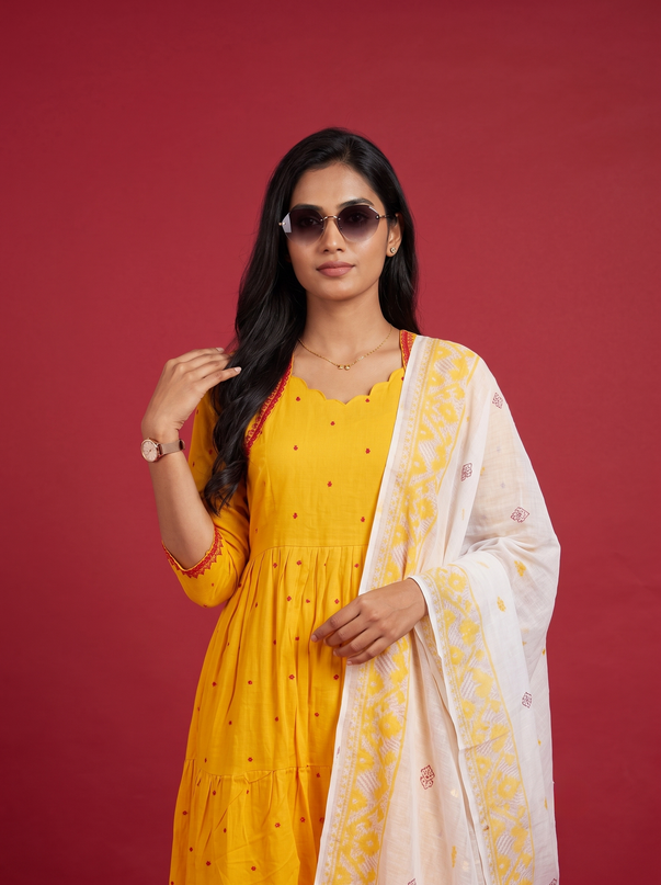 Designer Anarkali 2PC Set with Dupatta in Yellow | Elegant Tiered Frock Design