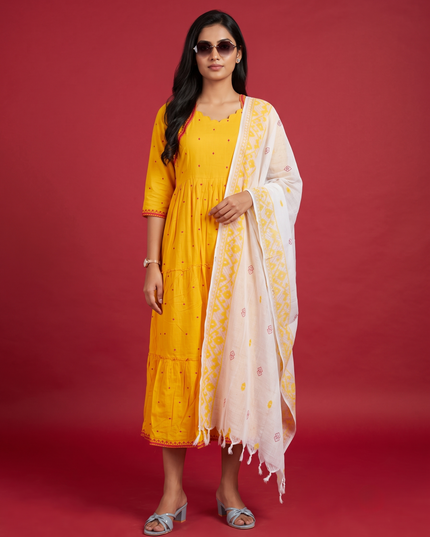 Designer Anarkali 2PC Set with Dupatta in Yellow | Elegant Tiered Frock Design