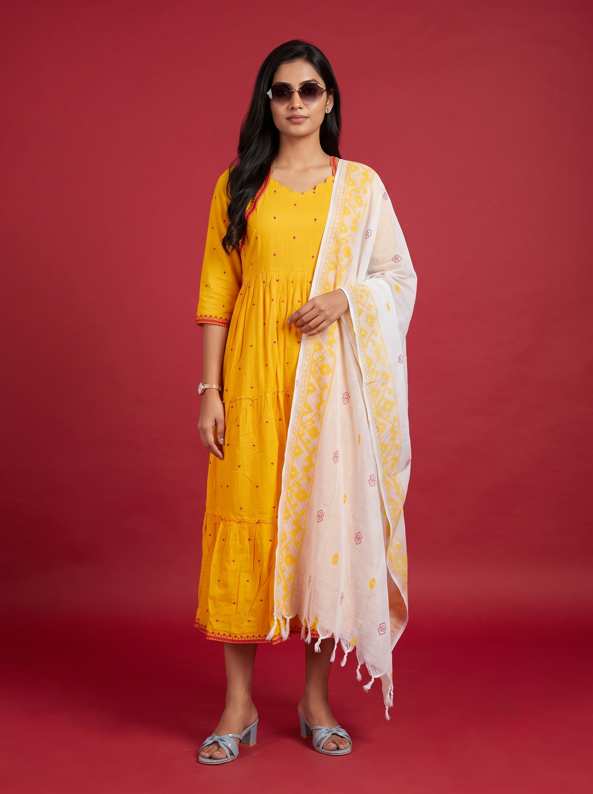 Designer Anarkali 2PC Set with Dupatta in Yellow | Elegant Tiered Frock Design