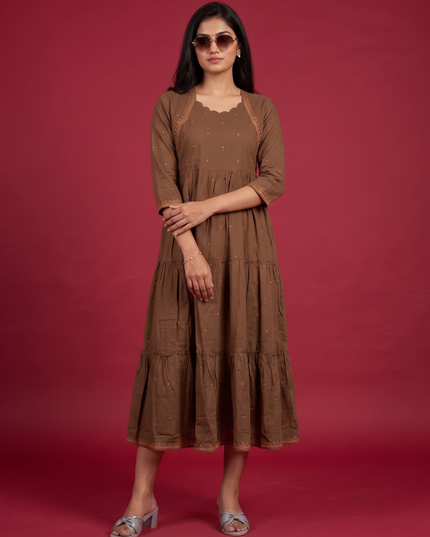 Designer Anarkali 2PC Set with Dupatta in Mocha Brown | Elegant Tiered Frock Design