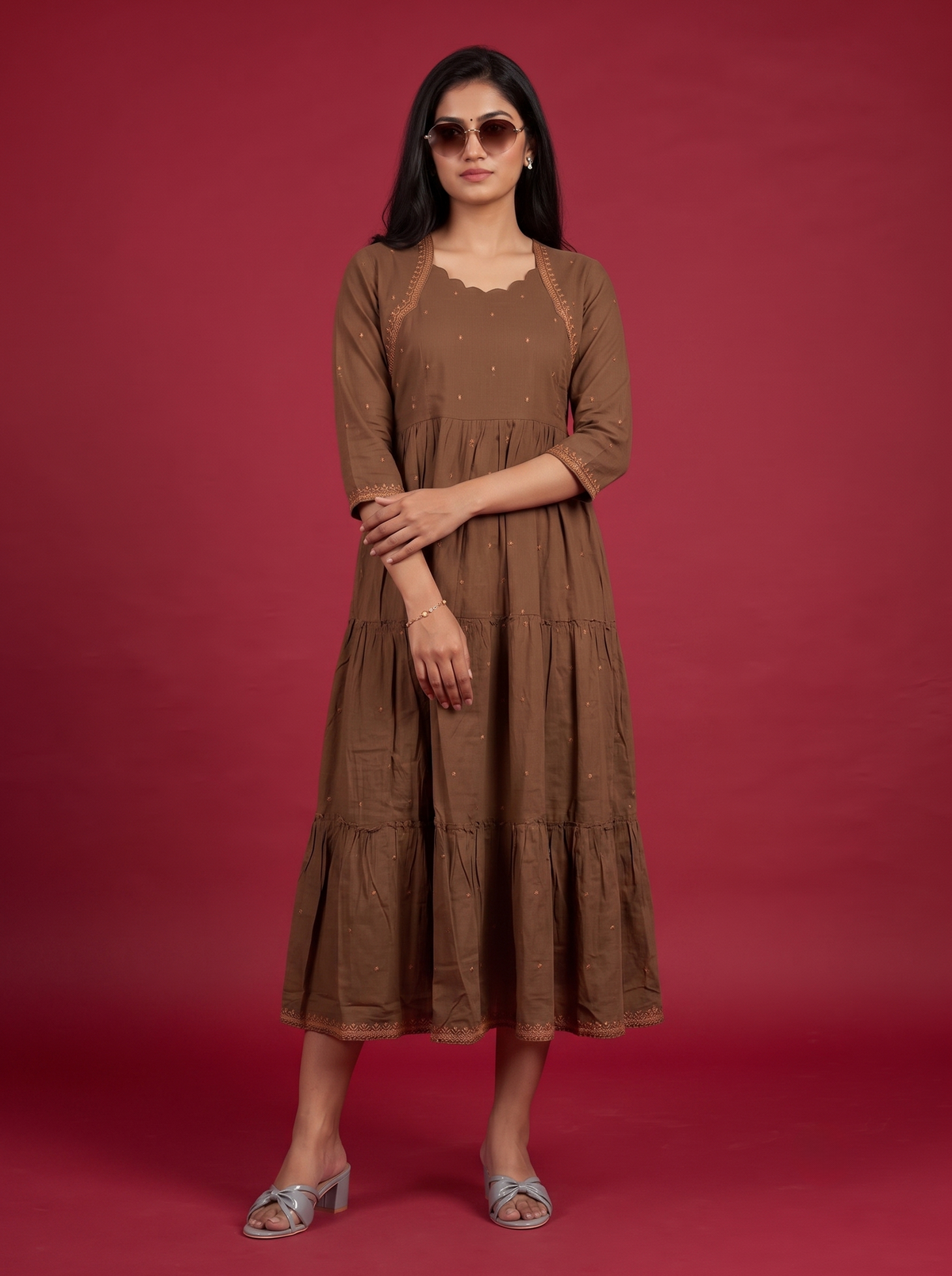 Designer Anarkali 2PC Set with Dupatta in Mocha Brown | Elegant Tiered Frock Design
