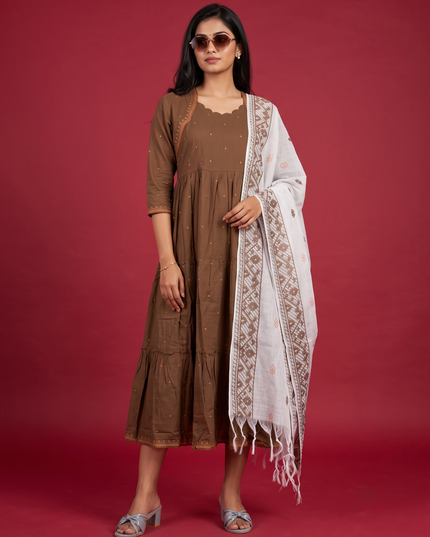 Designer Anarkali 2PC Set with Dupatta in Mocha Brown | Elegant Tiered Frock Design