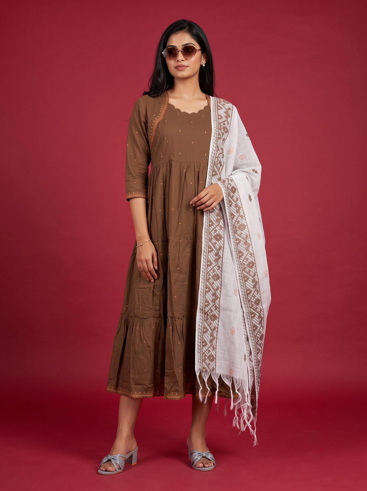 Designer Anarkali 2PC Set with Dupatta in Mocha Brown | Elegant Tiered Frock Design