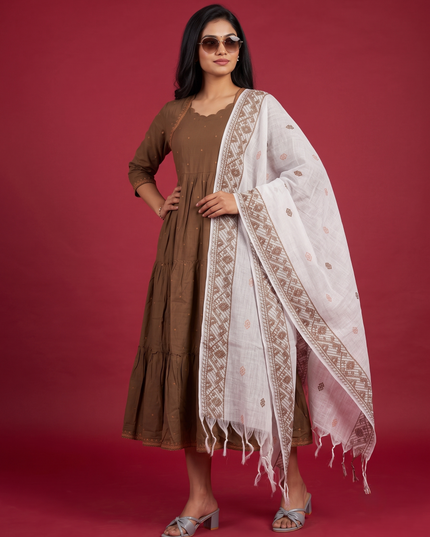 Designer Anarkali 2PC Set with Dupatta in Mocha Brown | Elegant Tiered Frock Design