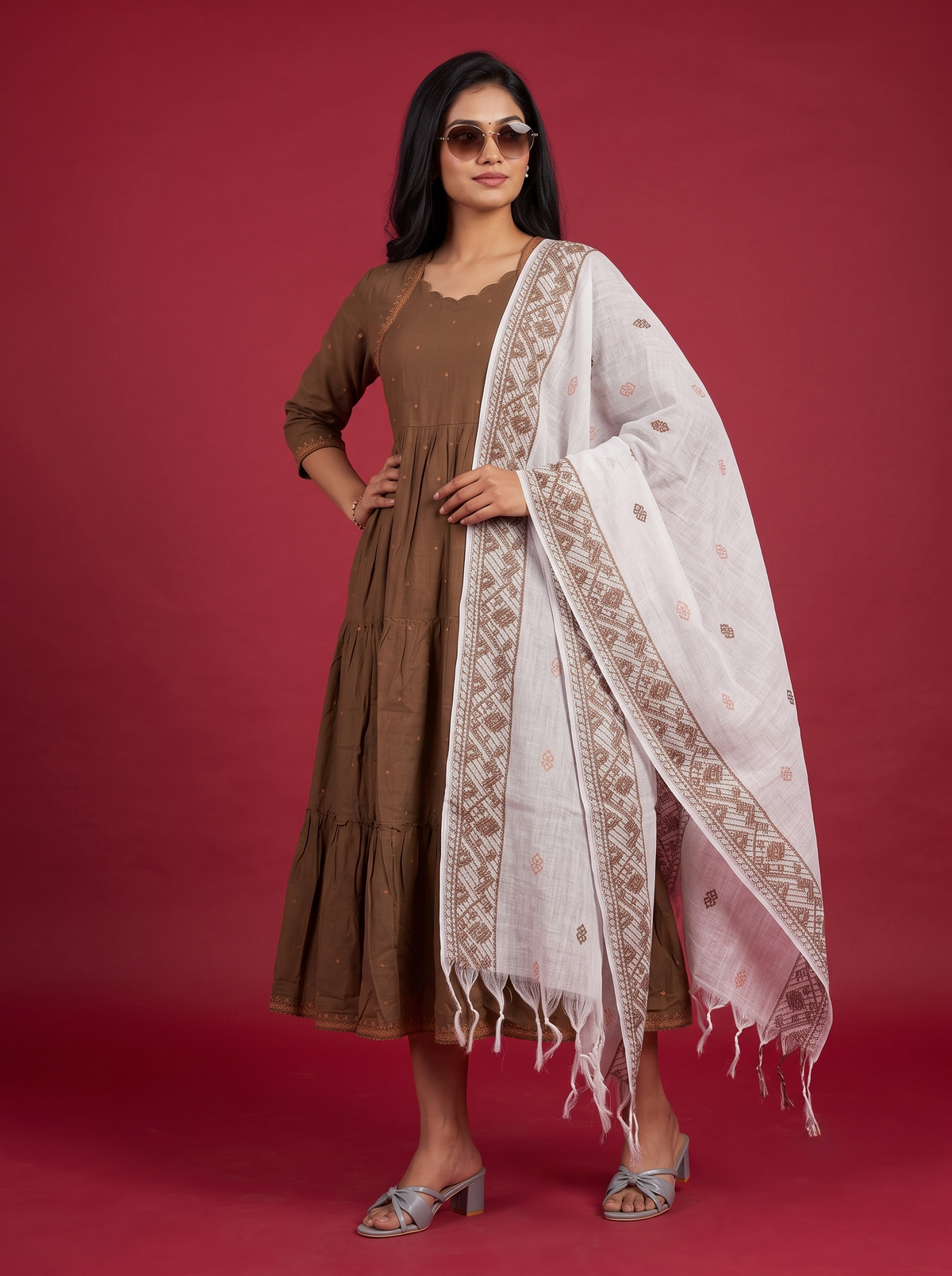 Designer Anarkali 2PC Set with Dupatta in Mocha Brown | Elegant Tiered Frock Design