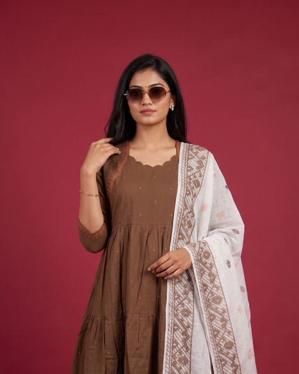 Designer Anarkali 2PC Set with Dupatta in Mocha Brown | Elegant Tiered Frock Design