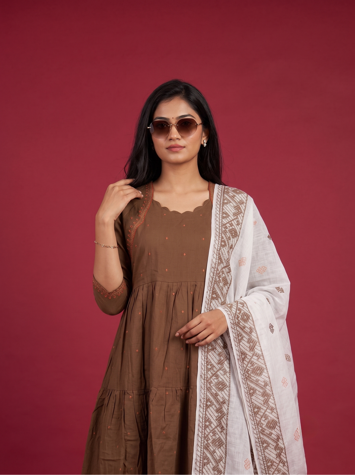 Designer Anarkali 2PC Set with Dupatta in Mocha Brown | Elegant Tiered Frock Design