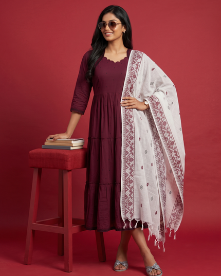 Designer Anarkali 2PC Set with Dupatta in Wine Maroon | Elegant Tiered Frock Design