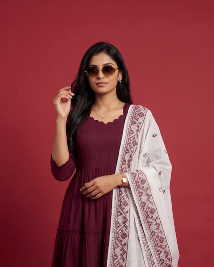 Designer Anarkali 2PC Set with Dupatta in Wine Maroon | Elegant Tiered Frock Design