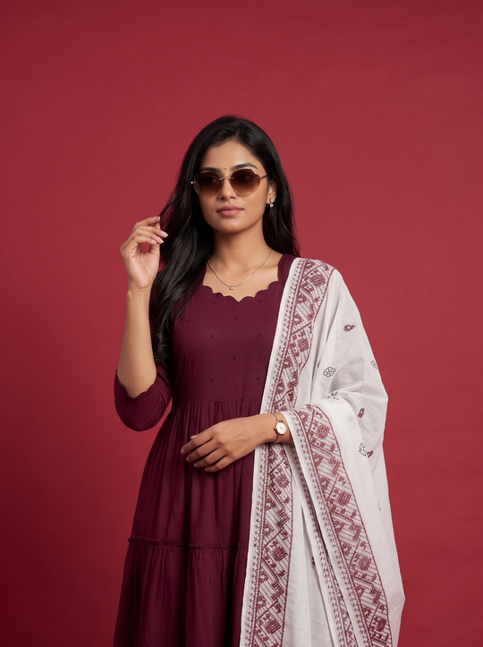 Designer Anarkali 2PC Set with Dupatta in Wine Maroon | Elegant Tiered Frock Design