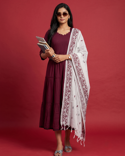 Designer Anarkali 2PC Set with Dupatta in Wine Maroon | Elegant Tiered Frock Design