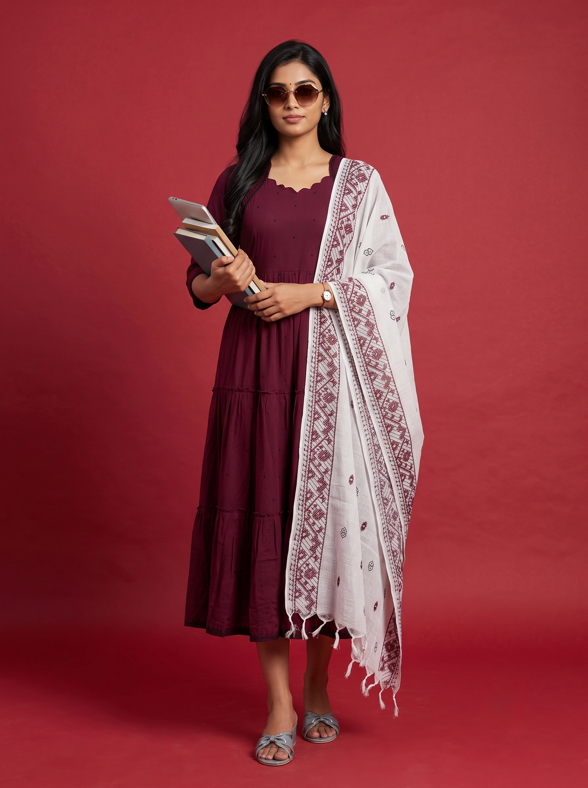 Designer Anarkali 2PC Set with Dupatta in Wine Maroon | Elegant Tiered Frock Design