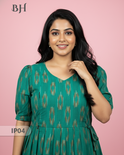 Pochampally Ikkath Feeding Frock – Sea Green Cotton Frock with Half Lining