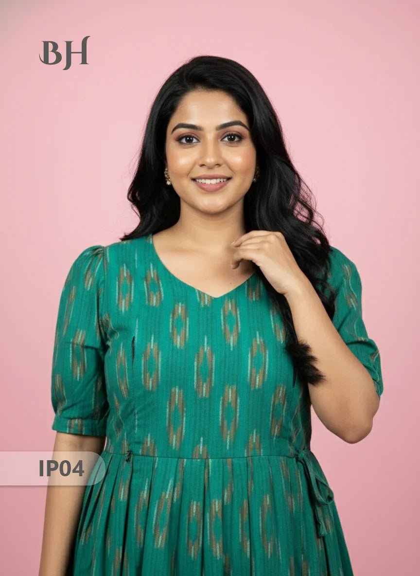 Pochampally Ikkath Feeding Frock – Sea Green Cotton Frock with Half Lining