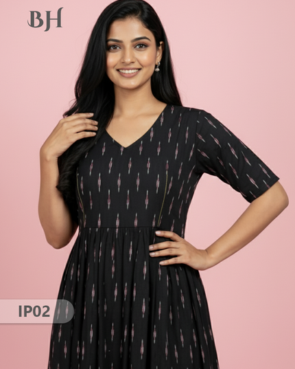 Pochampally Ikkath Feeding Frock – Black Cotton Frock with Half Lining