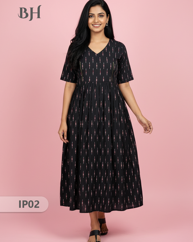 Pochampally Ikkath Feeding Frock – Black Cotton Frock with Half Lining
