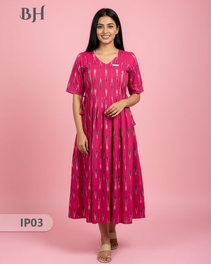 Pochampally Ikkath Feeding Frock – Pink Cotton Frock with Half Lining