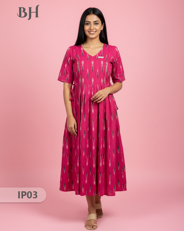 Pochampally Ikkath Feeding Frock – Pink Cotton Frock with Half Lining