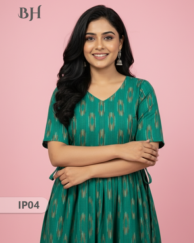 Pochampally Ikkath Feeding Frock – Sea Green Cotton Frock with Half Lining