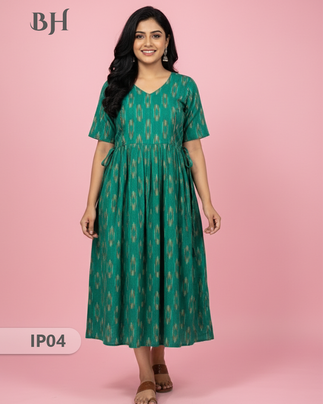 Pochampally Ikkath Feeding Frock – Sea Green Cotton Frock with Half Lining