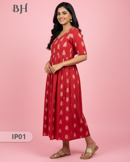 Pochampally Ikkath Feeding Frock – Red Cotton Frock with Half Lining