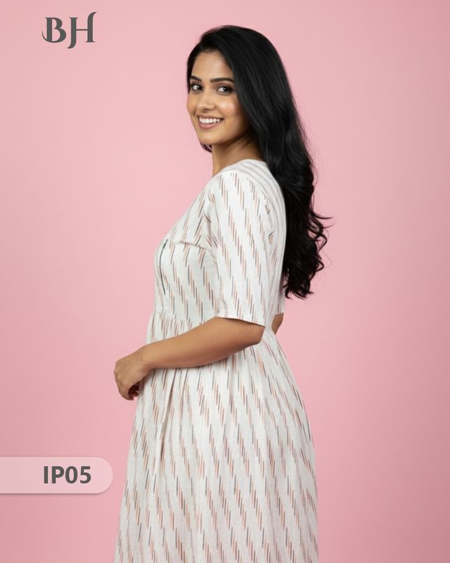 Pochampally Ikkath Feeding Frock – White Cotton Frock with Half Lining