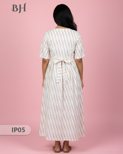 Pochampally Ikkath Feeding Frock – White Cotton Frock with Half Lining