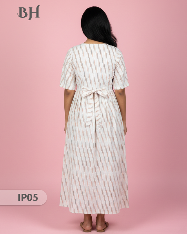 Pochampally Ikkath Feeding Frock – White Cotton Frock with Half Lining