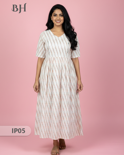 Pochampally Ikkath Feeding Frock – White Cotton Frock with Half Lining