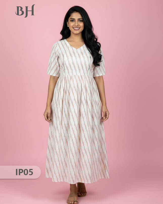 Pochampally Ikkath Feeding Frock – White Cotton Frock with Half Lining