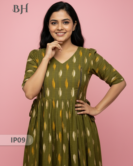 Pochampally Ikkath Feeding Frock – Green Cotton Frock with Half Lining