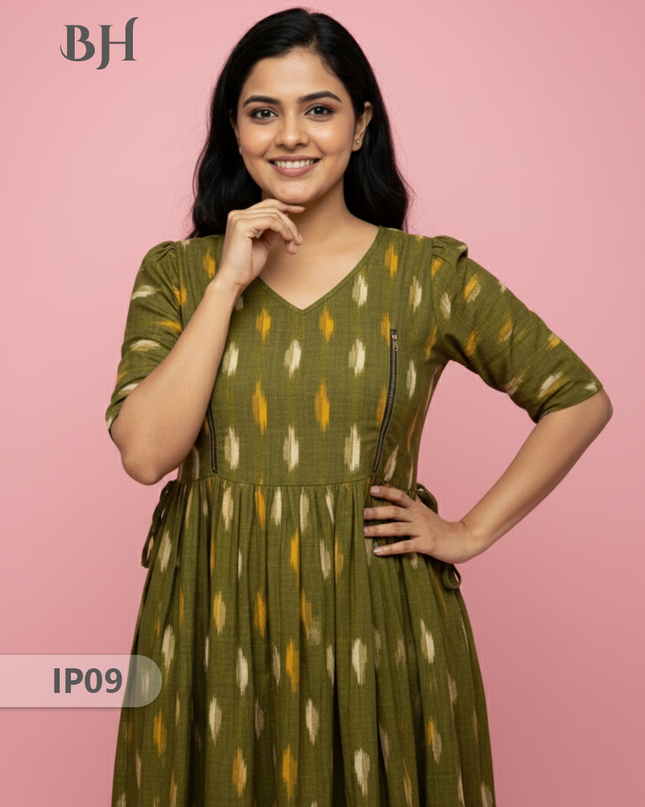 Pochampally Ikkath Feeding Frock – Green Cotton Frock with Half Lining
