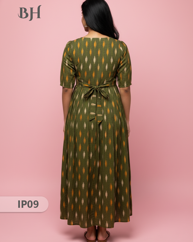 Pochampally Ikkath Feeding Frock – Green Cotton Frock with Half Lining