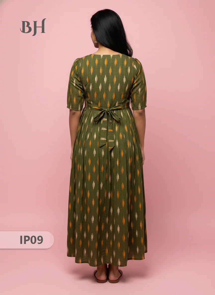 Pochampally Ikkath Feeding Frock – Green Cotton Frock with Half Lining