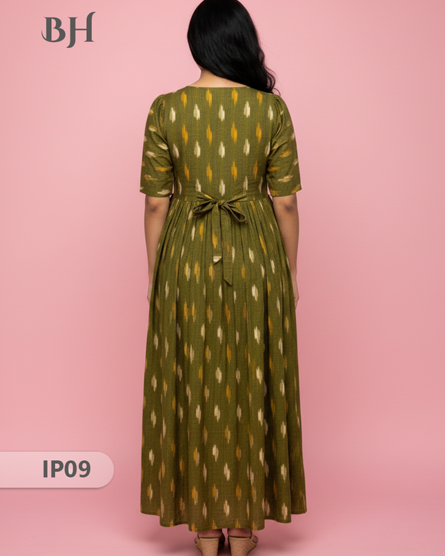 Pochampally Ikkath Feeding Frock – Green Cotton Frock with Half Lining