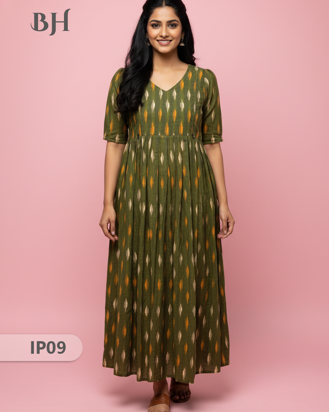 Pochampally Ikkath Feeding Frock – Green Cotton Frock with Half Lining